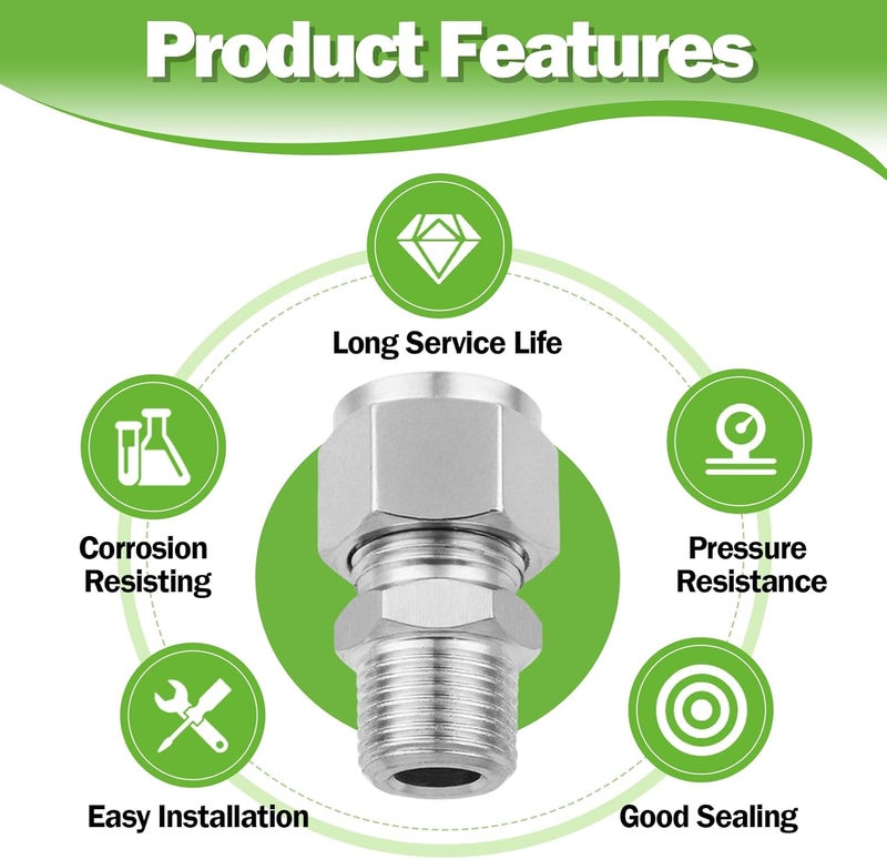 Goldpea 2PCS 304 Stainless Steel Compression Tube Fitting, 1/2" OD x 1/4" NPT Male Straight Adapter with Double Ferrules - Image 5